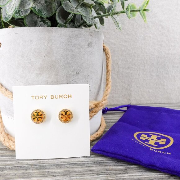 Tory Burch Miller Pavé Stud Earrings Gold/Crystal OS - Picture 3 of 16